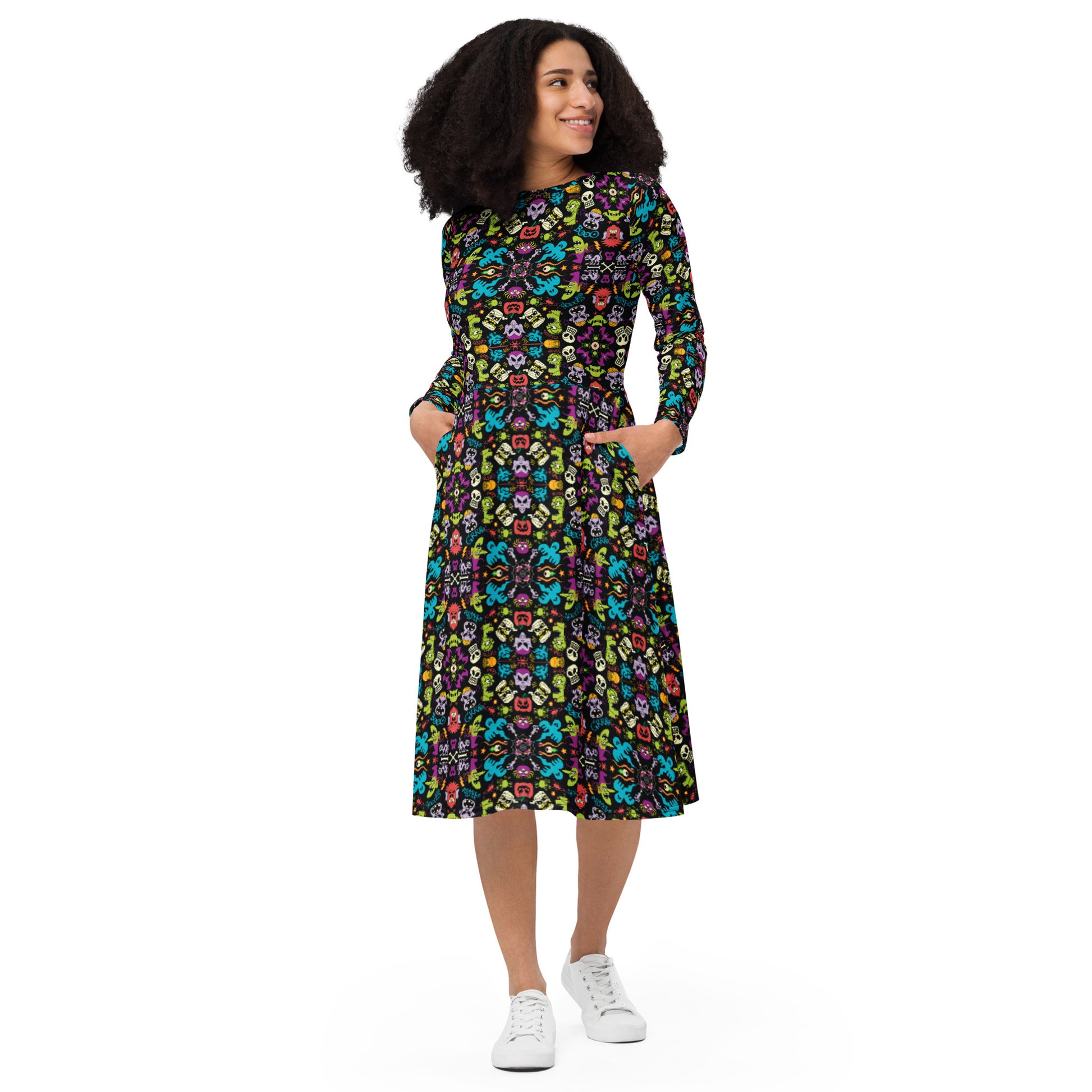 Spooky Halloween characters in a pattern design All-over print long sleeve midi dress. Front view