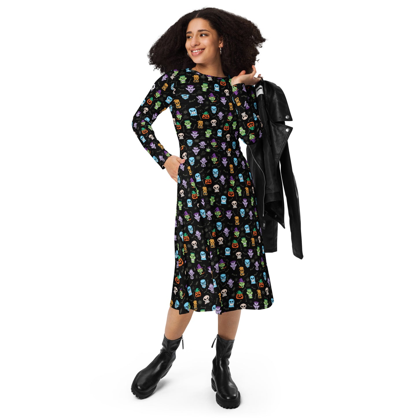 Scary Halloween faces All-over print long sleeve midi dress. Front view