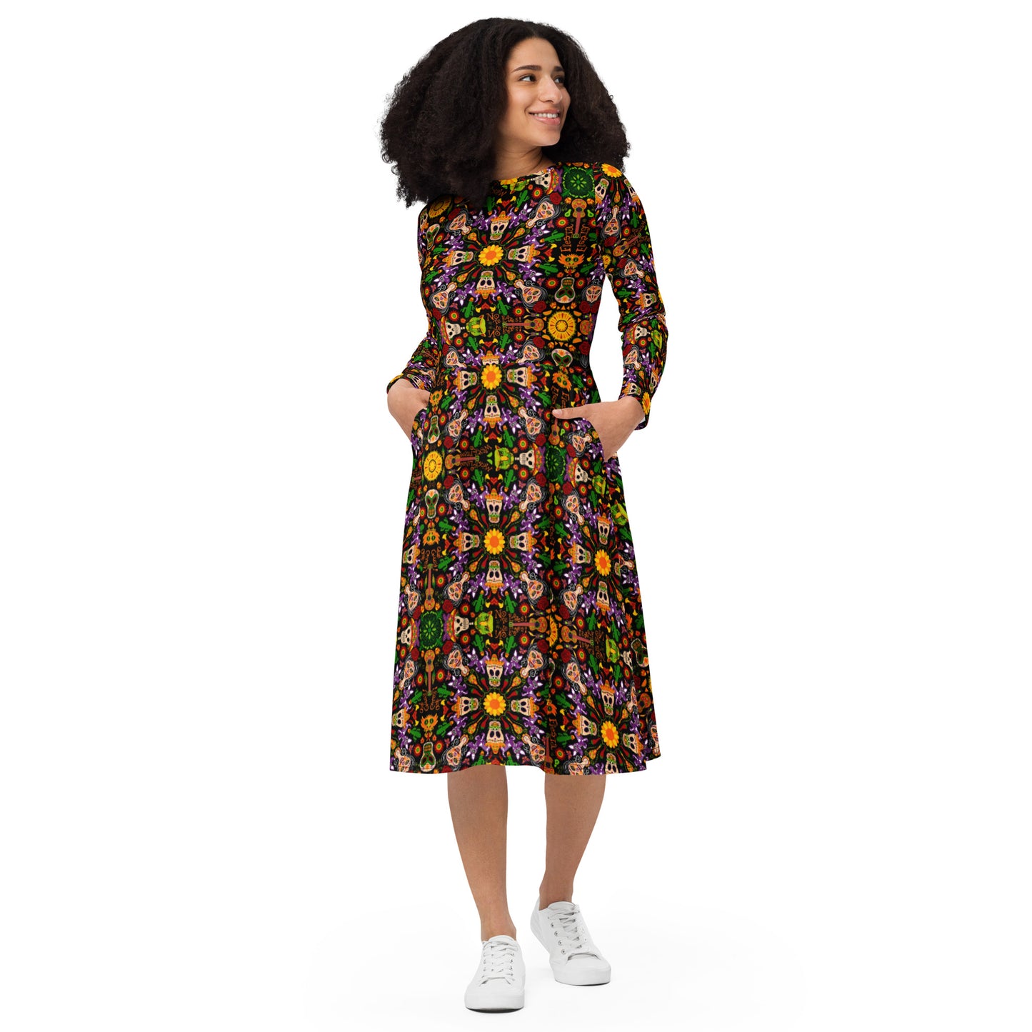Mexican skulls celebrating the day of the dead All-over print long sleeve midi dress. Front view