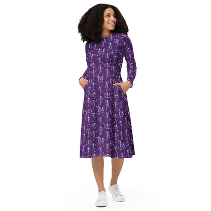Fantastic skeletons having a great time at Halloween All-over print long sleeve midi dress. Front view
