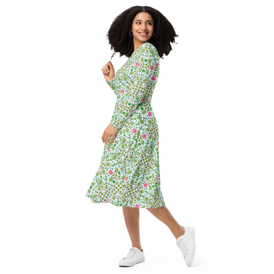 Funny frogs hunting flies All-over print long sleeve midi dress. Side view