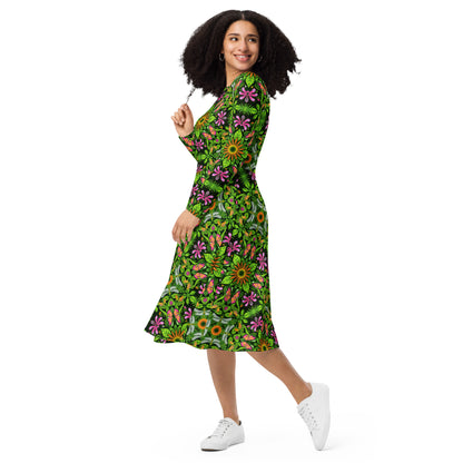 Magical garden full of flowers and insects All-over print long sleeve midi dress. Side view