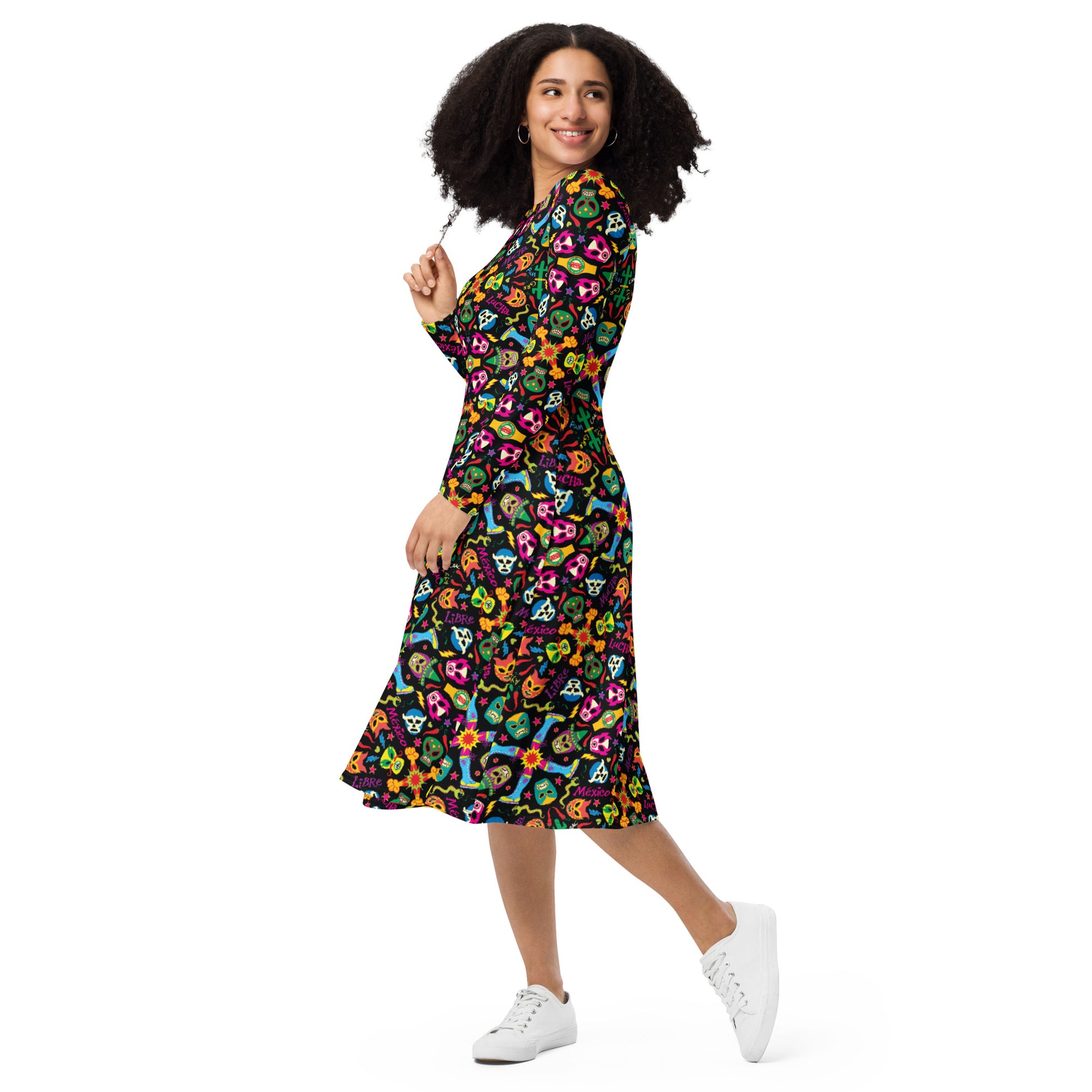 Mexican wrestling colorful party All-over print long sleeve midi dress. Side view