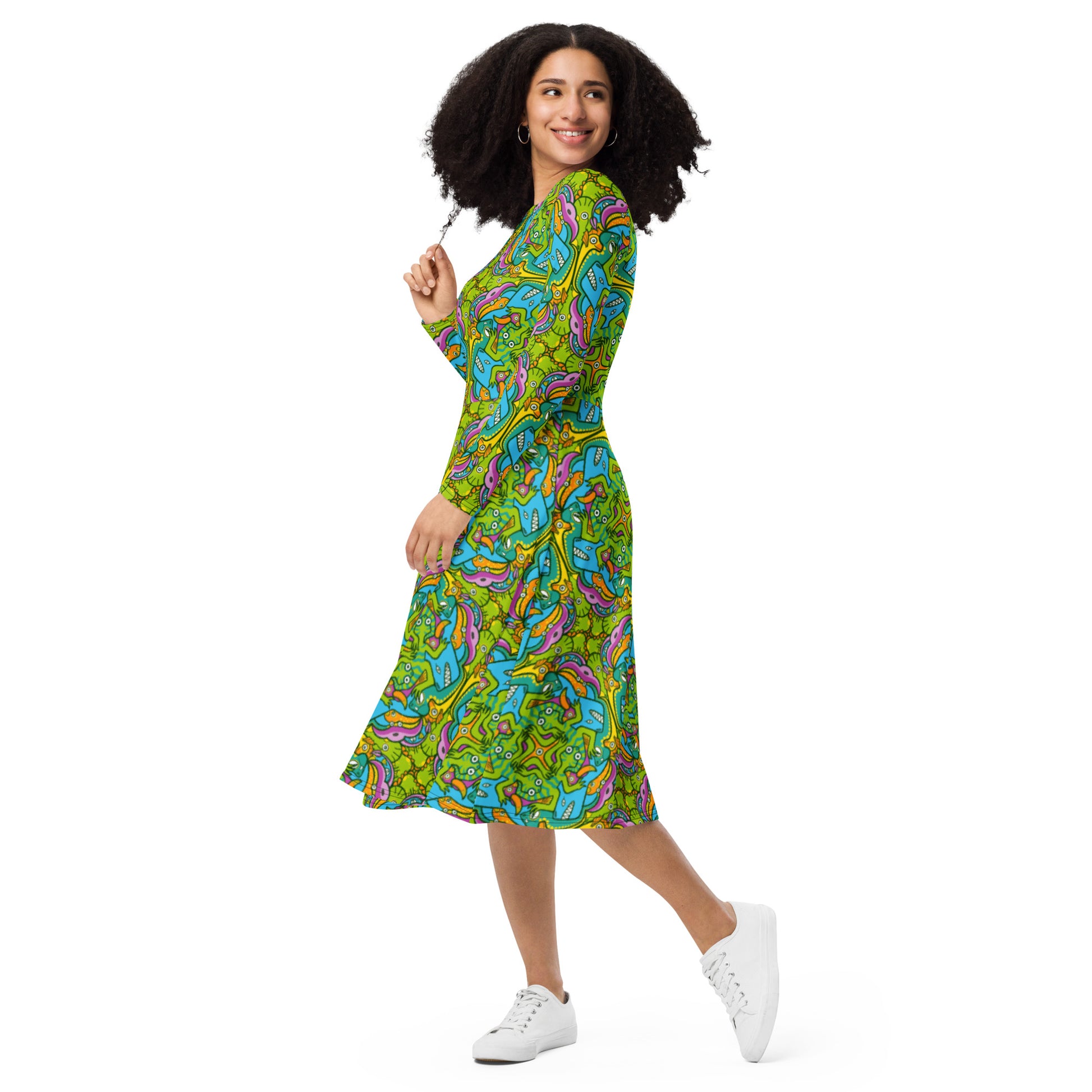 To keep calm and doodle is more than just doodling All-over print long sleeve midi dress. Side view