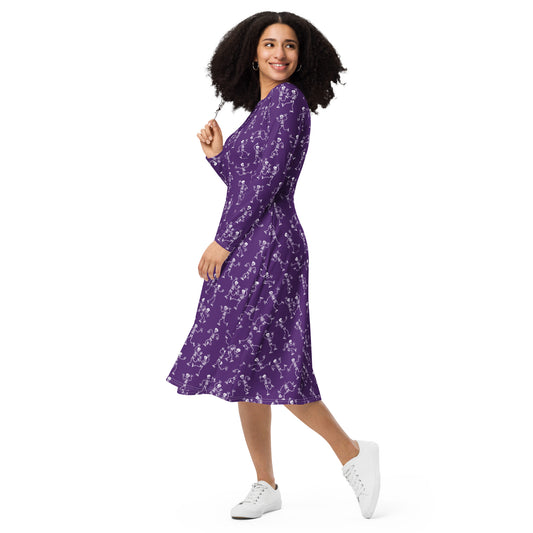 Fantastic skeletons having a great time at Halloween All-over print long sleeve midi dress. Side view