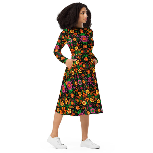 Wild flowers in a luxuriant jungle All-over print long sleeve midi dress. Side view