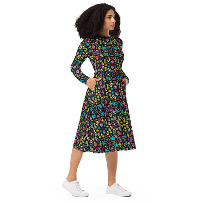 Spooky Halloween characters in a pattern design All-over print long sleeve midi dress. Right front view