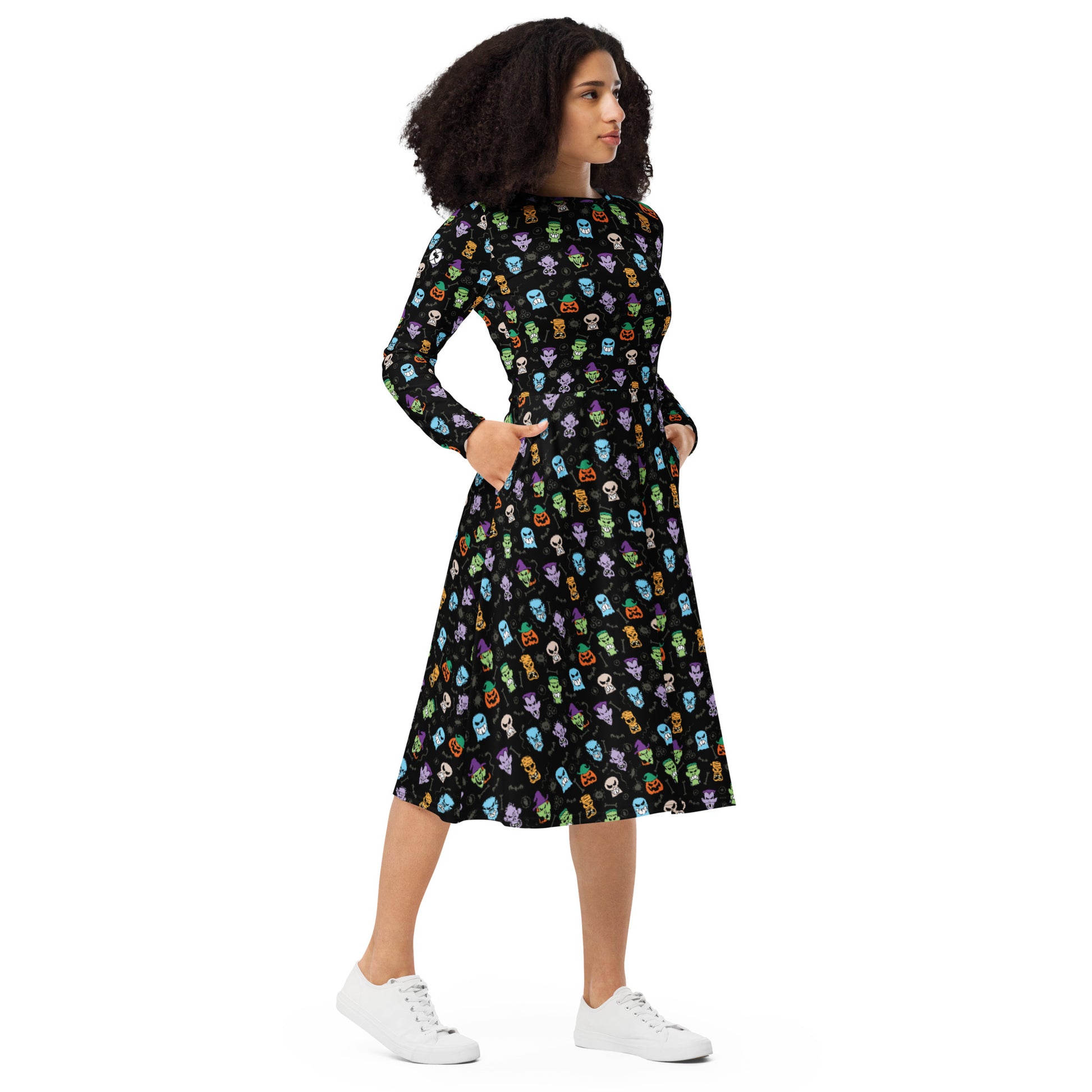 Scary Halloween faces All-over print long sleeve midi dress. Right front view
