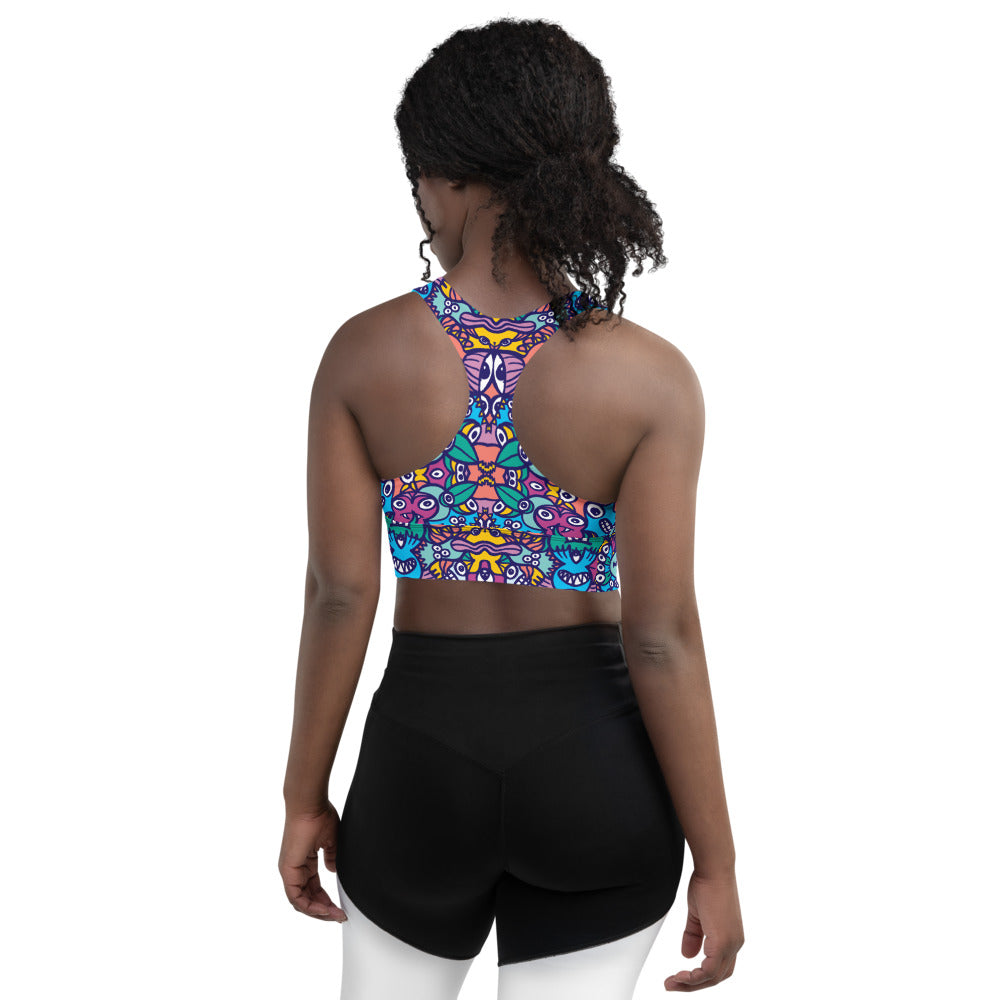 Whimsical design featuring colorful critters from another world Longline sports bra. Back view