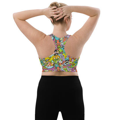 Funny monsters fighting for the best sport for a pattern design Longline sports bra. Back view