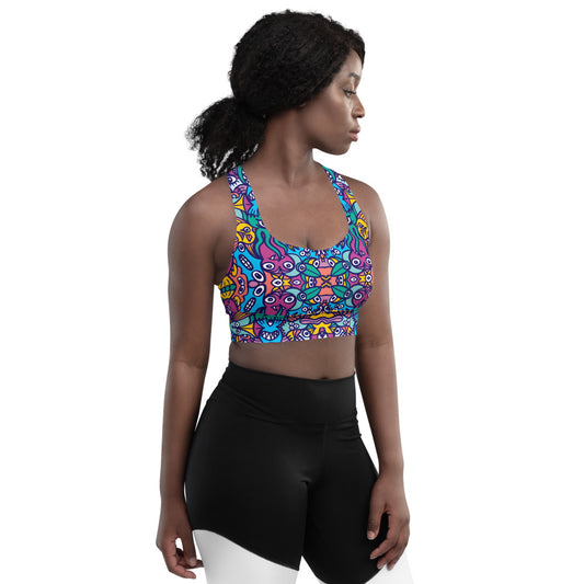 Whimsical design featuring colorful critters from another world Longline sports bra. Side view