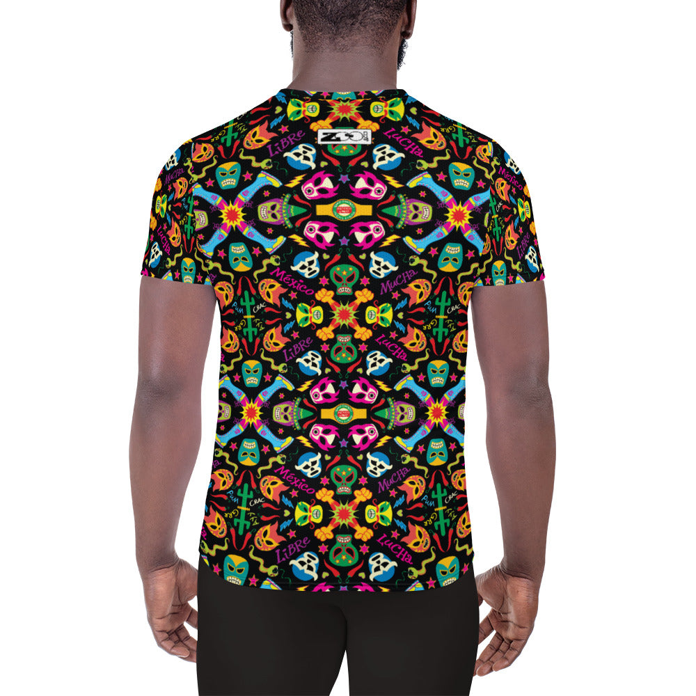 Mexican wrestling colorful party All-Over Print Men's Athletic T-shirt. Back view