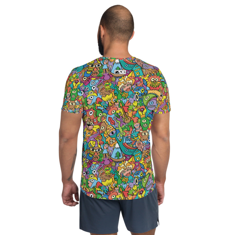 Cheerful crowd enjoying a lively carnival All-Over Print Men's Athletic T-shirt. Back view
