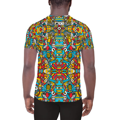Crazy robots rising from rust in lively junkyards All-Over Print Men's Athletic T-shirt. Back view
