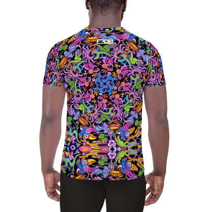 Eccentric critters in a lively crazy festival All-Over Print Men's Athletic T-shirt. Back view