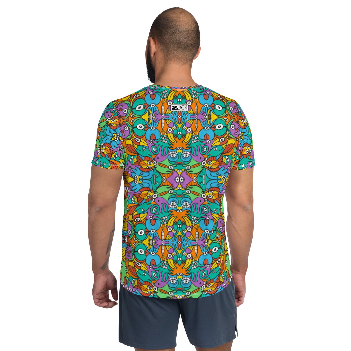 Fantastic doodle world full of weird creatures All-Over Print Men's Athletic T-shirt. Back view