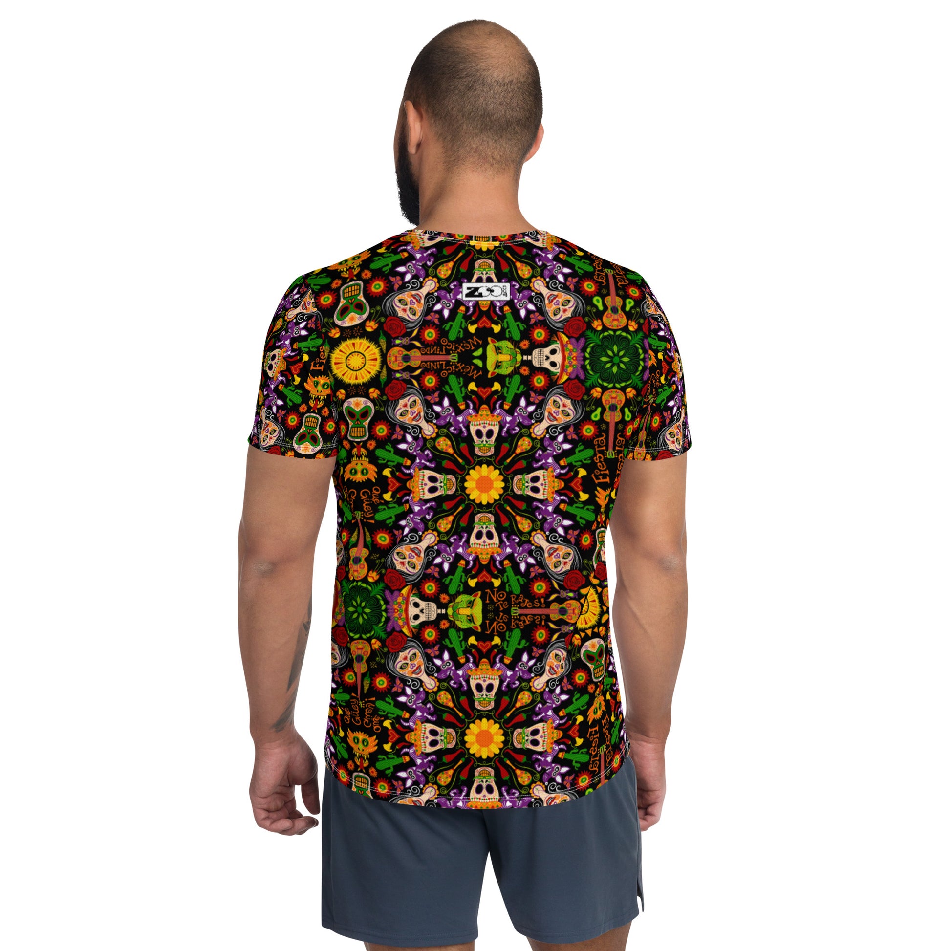 Mexican skulls celebrating the Day of the dead All-Over Print Men's Athletic T-shirt. Back view