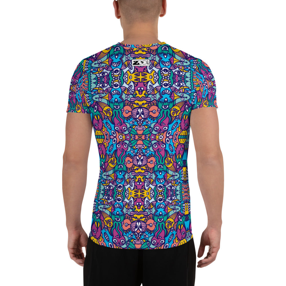 Whimsical design featuring multicolor critters from another world All-Over Print Men's Athletic T-shirt. Back view