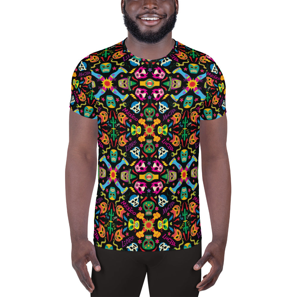 Mexican wrestling colorful party All-Over Print Men's Athletic T-shirt. Front view