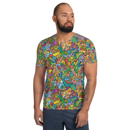 Cheerful crowd enjoying a lively carnival All-Over Print Men's Athletic T-shirt. Front view