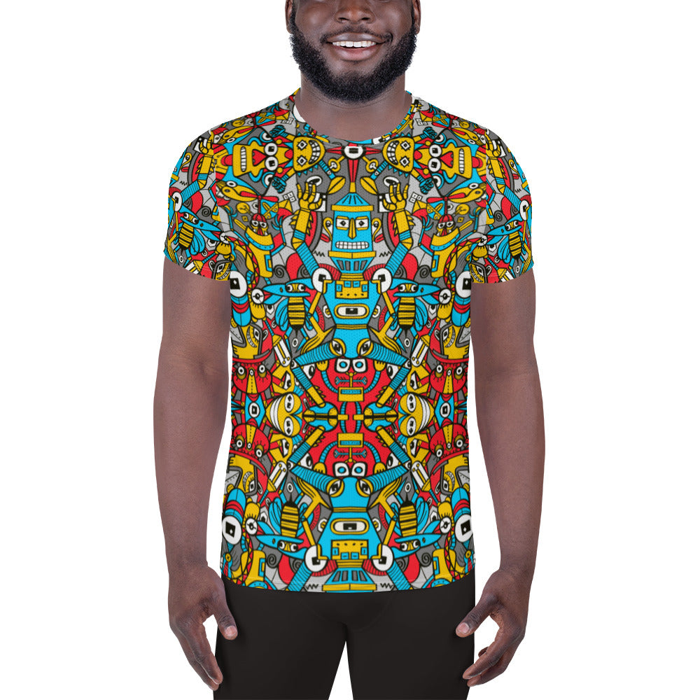 Crazy robots rising from rust in lively junkyards All-Over Print Men's Athletic T-shirt. Front view