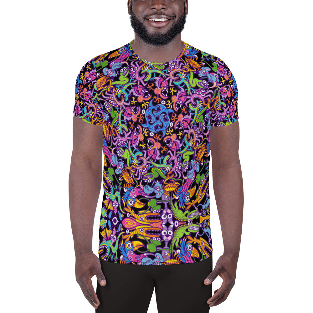Eccentric critters in a lively crazy festival All-Over Print Men's Athletic T-shirt. Front view