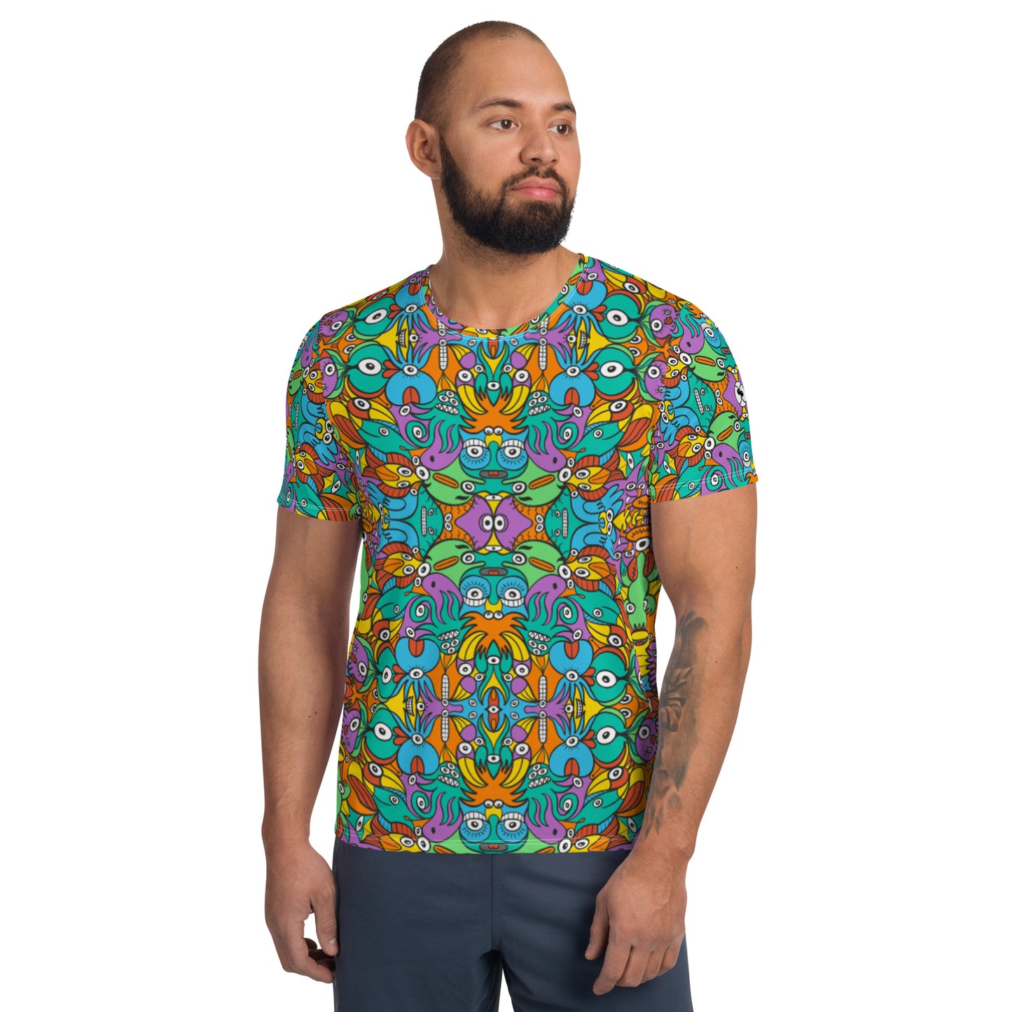 Fantastic doodle world full of weird creatures All-Over Print Men's Athletic T-shirt. Front view