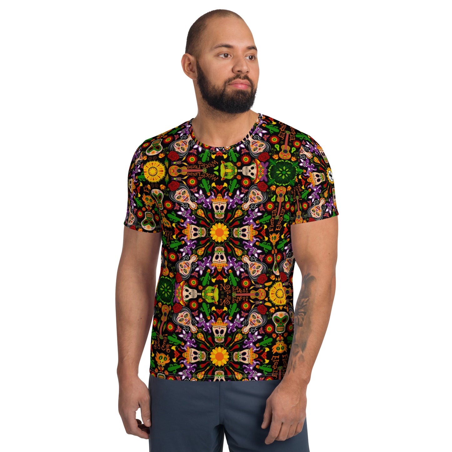 Mexican skulls celebrating the Day of the dead All-Over Print Men's Athletic T-shirt. Front view