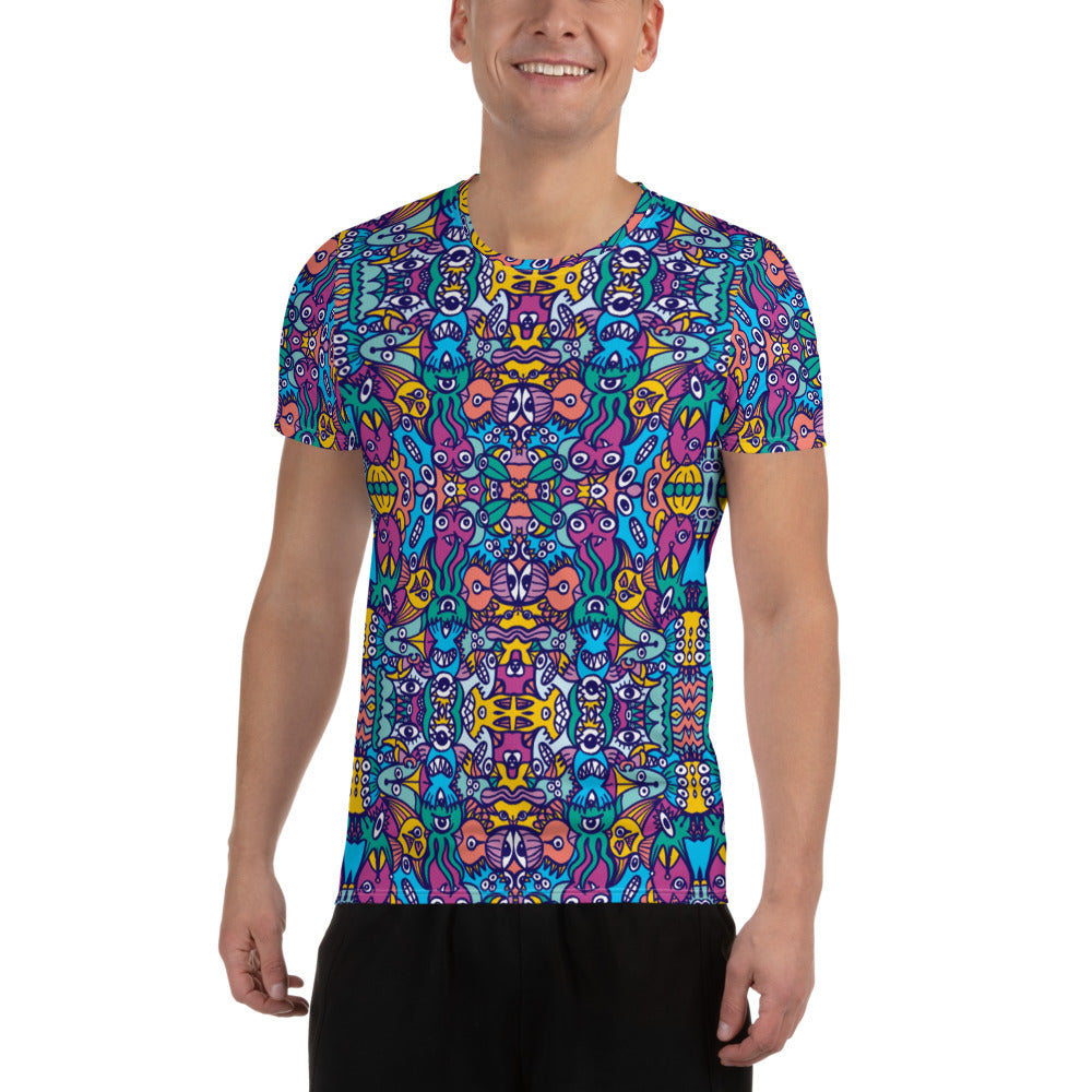 Whimsical design featuring multicolor critters from another world All-Over Print Men's Athletic T-shirt. Front view