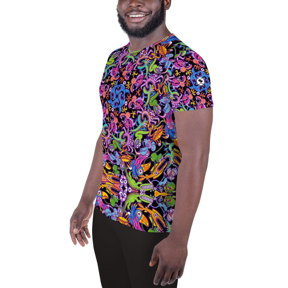 Eccentric critters in a lively crazy festival All-Over Print Men's Athletic T-shirt. Side view