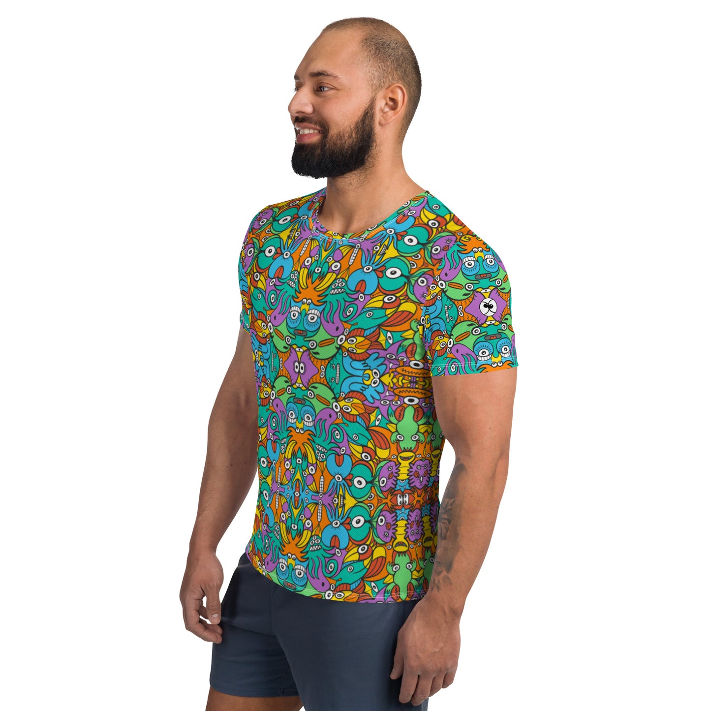 Fantastic doodle world full of weird creatures All-Over Print Men's Athletic T-shirt. Side view