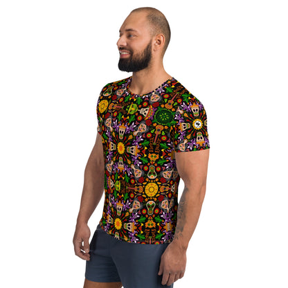 Mexican skulls celebrating the Day of the dead All-Over Print Men's Athletic T-shirt. Side view