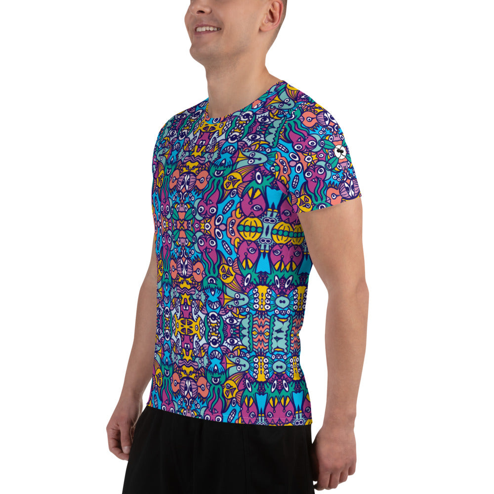 Whimsical design featuring multicolor critters from another world All-Over Print Men's Athletic T-shirt. Side view