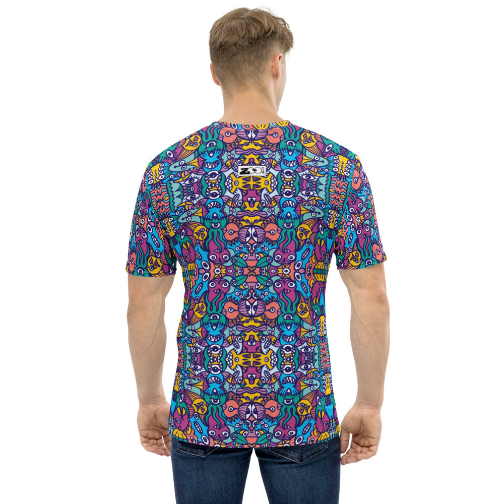 Whimsical design featuring multicolor critters from another world Men's T-shirt. Back view