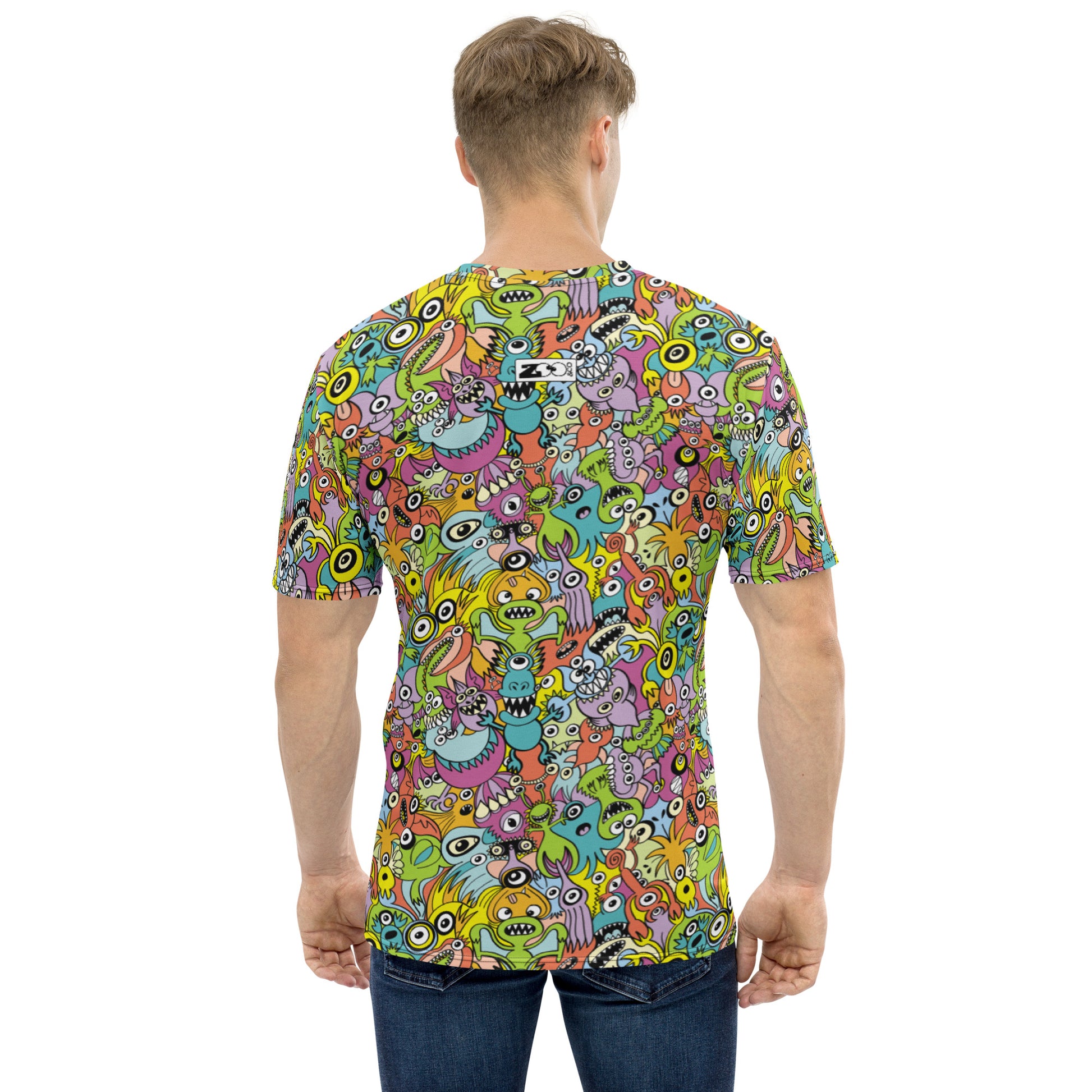 Funny monsters fighting for the best spot for a pattern design Men's t-shirt. Back view