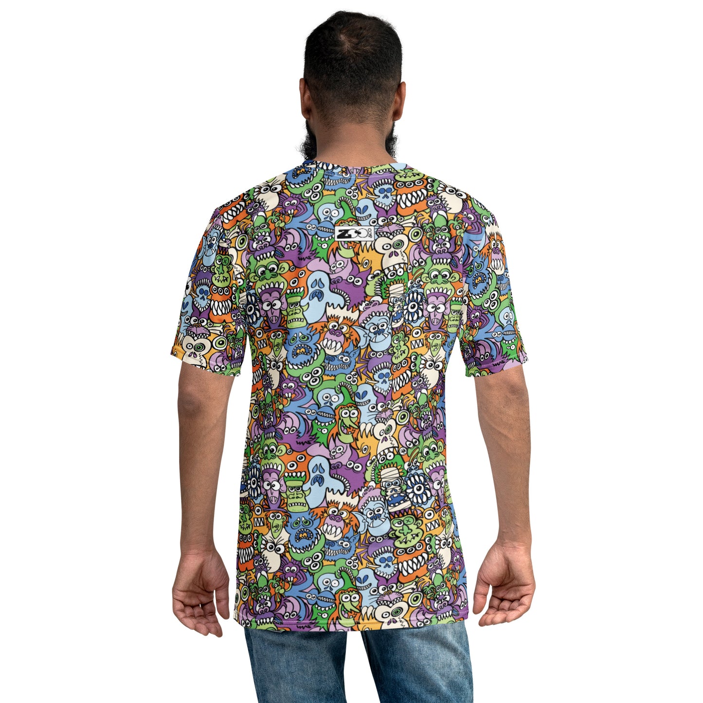 All the spooky Halloween monsters in a pattern design Men's t-shirt. Back view