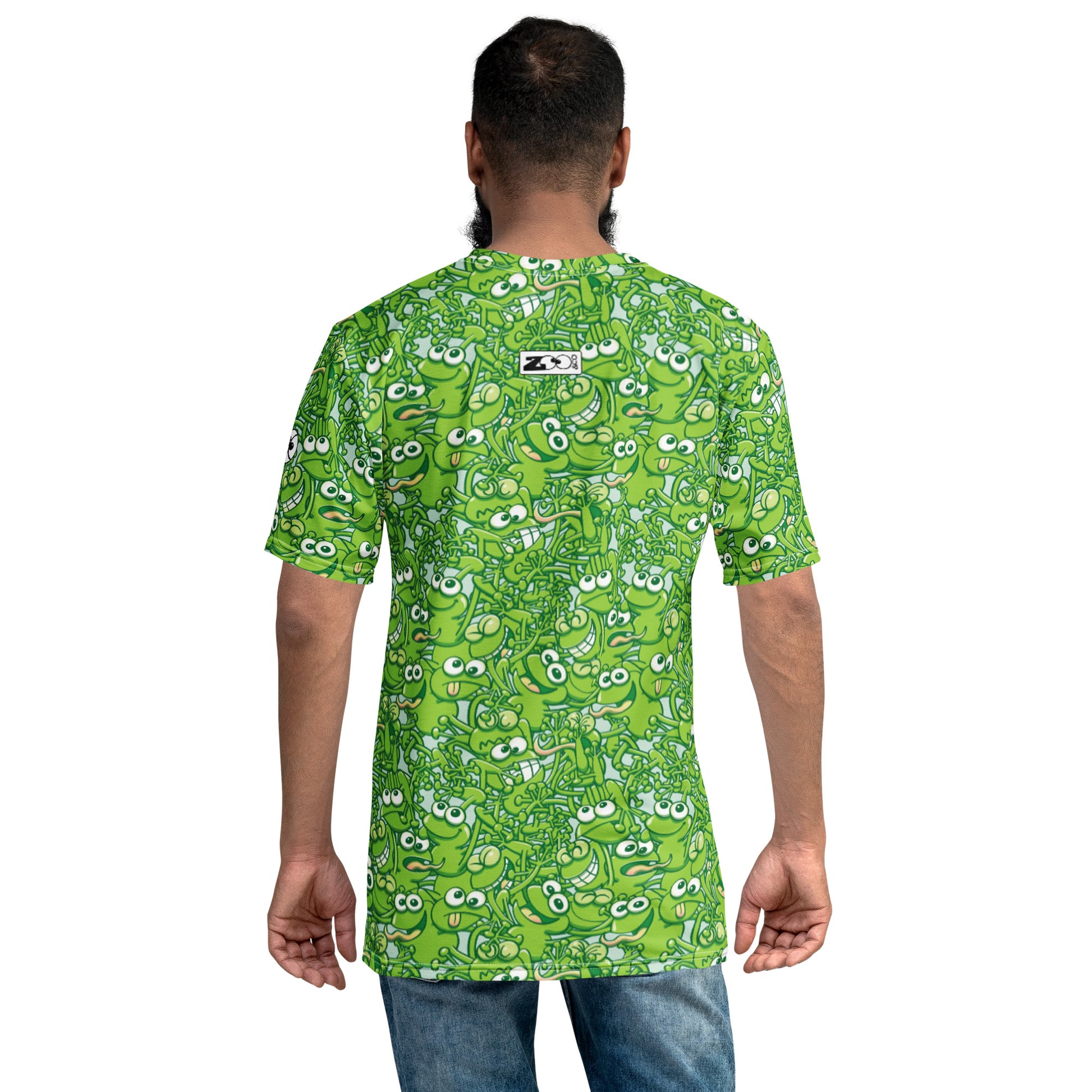 A tangled army of happy green frogs appears when the rain ends Men's t-shirt. Back view