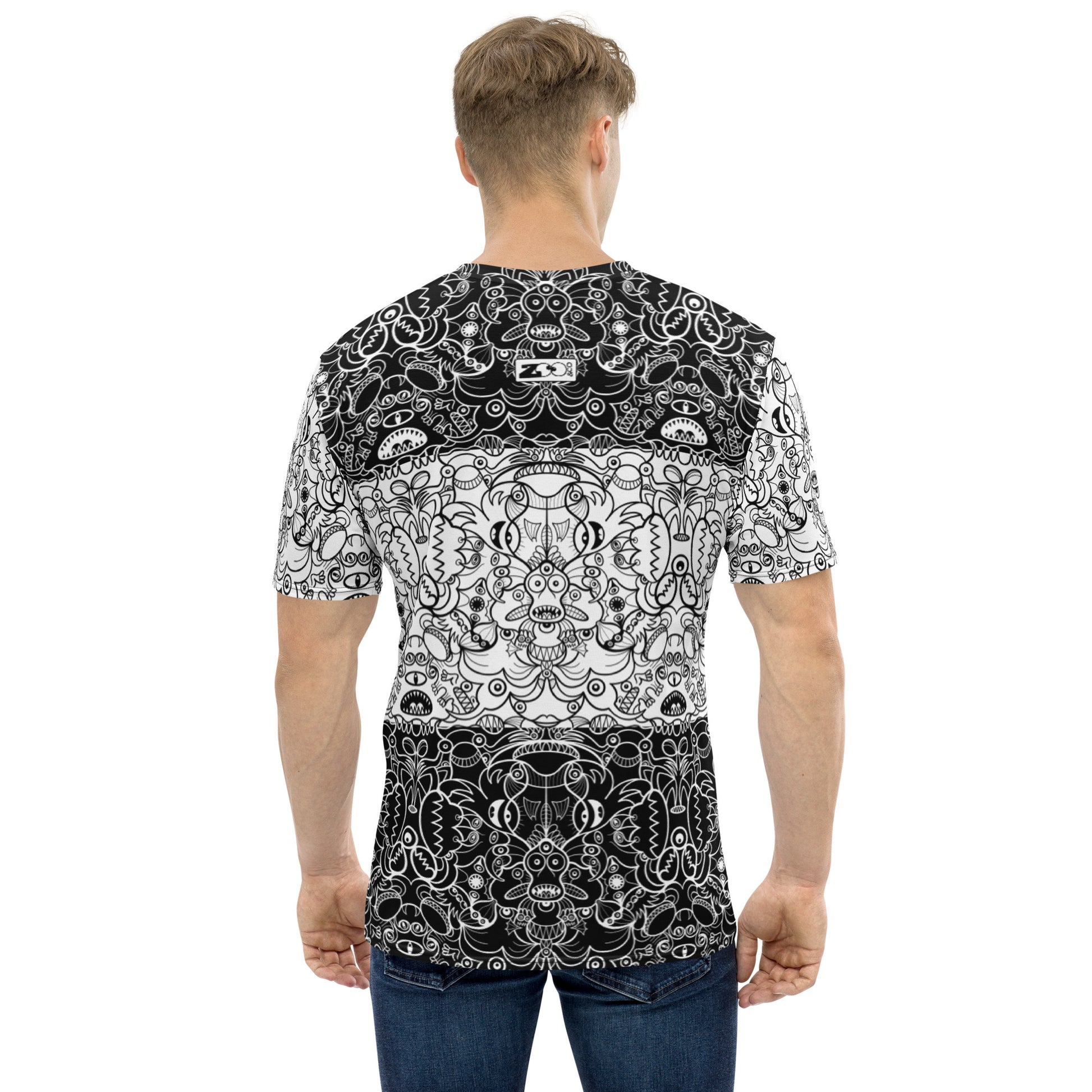 Black and white powerful Doodle world and vice versa Men's all over print t-shirt. Back view