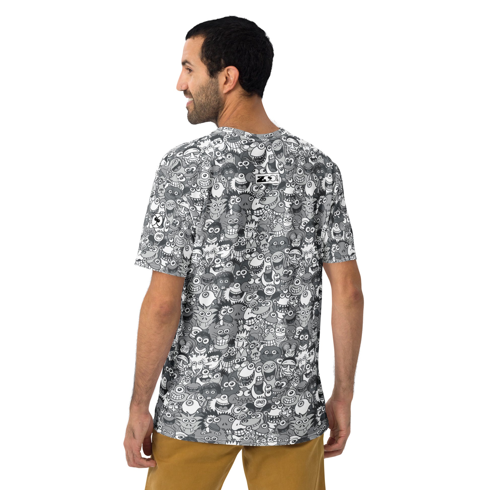 Find the gray man in the gray crowd of this gray world Men's t-shirt. Back view