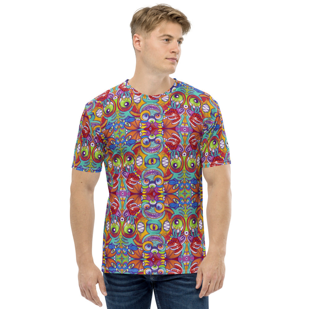 Psychedelic monsters having fun making a pattern design Men's T-shirt. Front view
