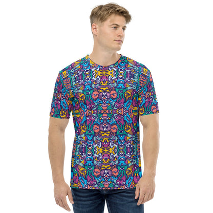 Whimsical design featuring multicolor critters from another world Men's T-shirt. Front view