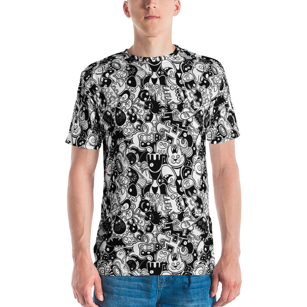Joyful crowd of black and white doodle creatures All over print Men's t-shirt