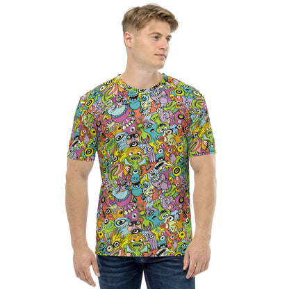 Funny monsters fighting for the best spot for a pattern design Men's t-shirt. Front view