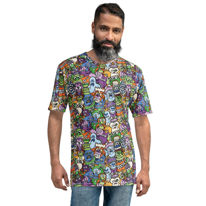 All the spooky Halloween monsters in a pattern design Men's t-shirt. Front view