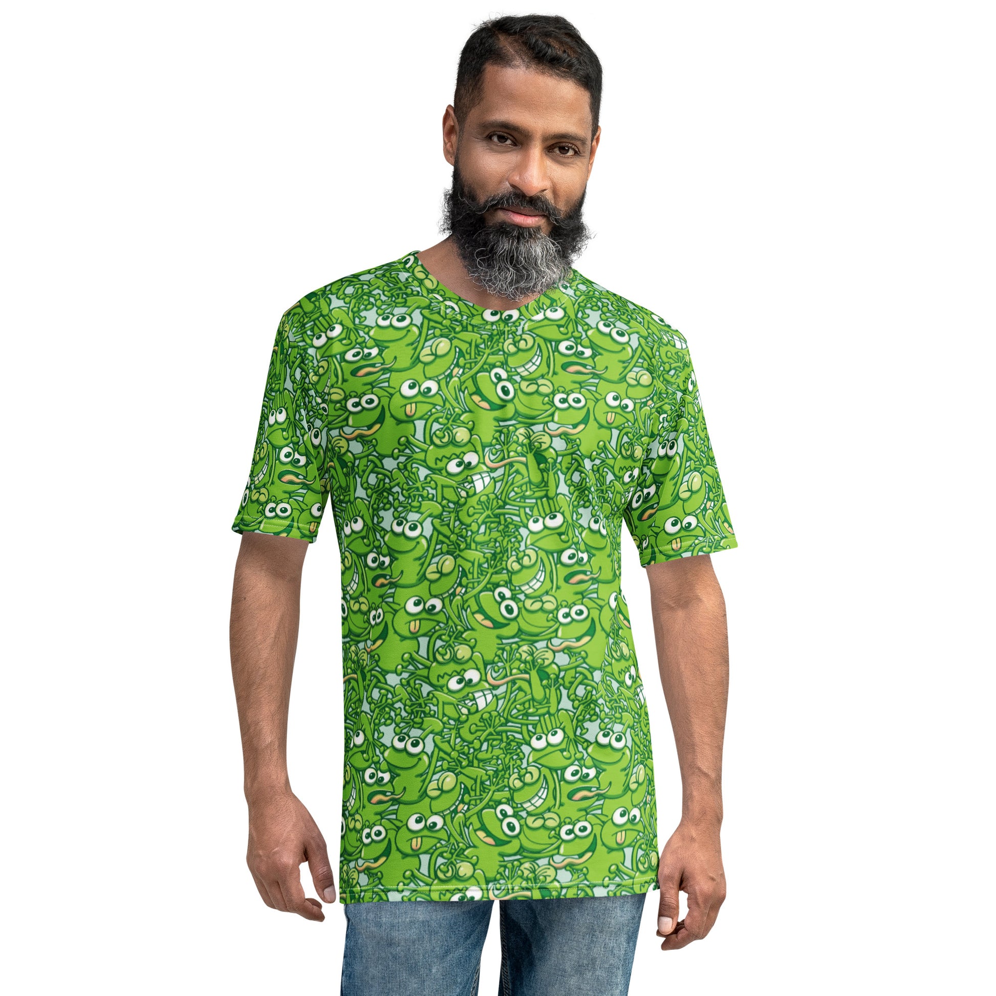A tangled army of happy green frogs appears when the rain ends Men's t-shirt. Front view