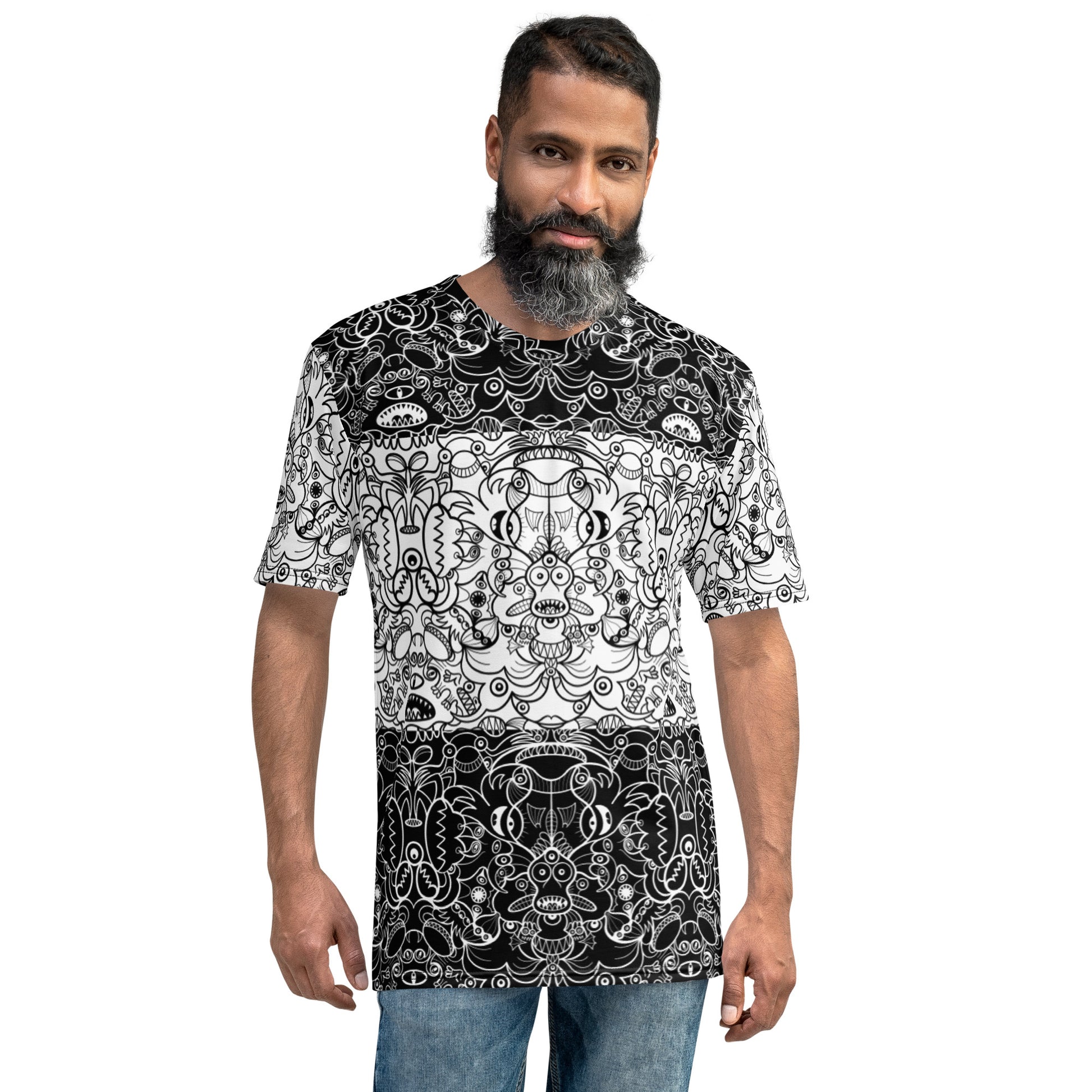 Black and white powerful Doodle world and vice versa Men's all over print t-shirt. Front view