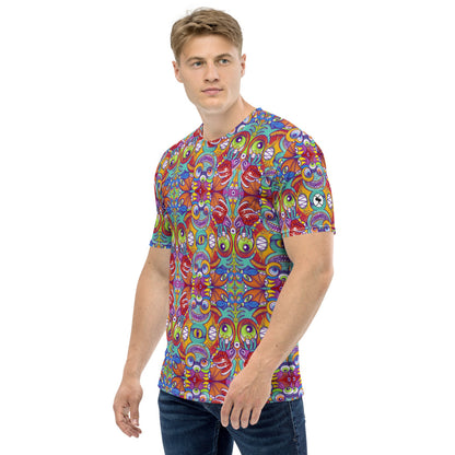 Psychedelic monsters having fun making a pattern design Men's T-shirt. Side view