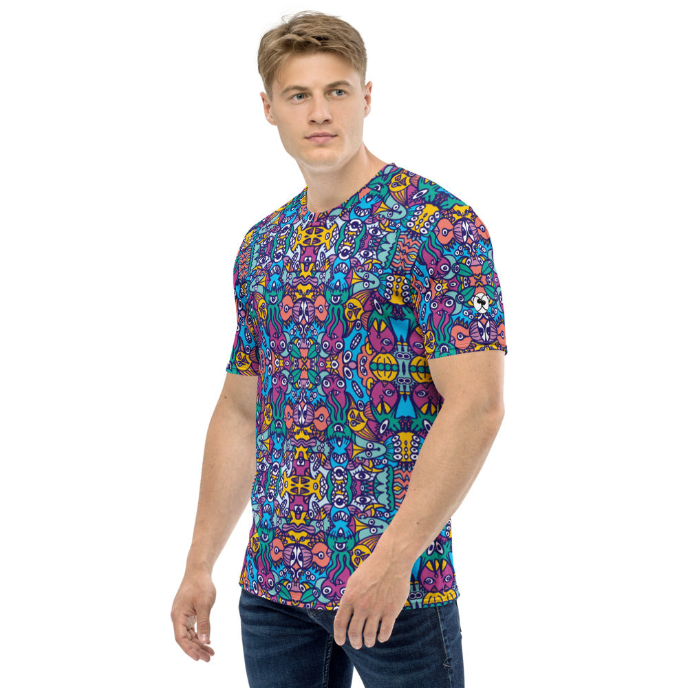 Whimsical design featuring multicolor critters from another world Men's T-shirt. Side view