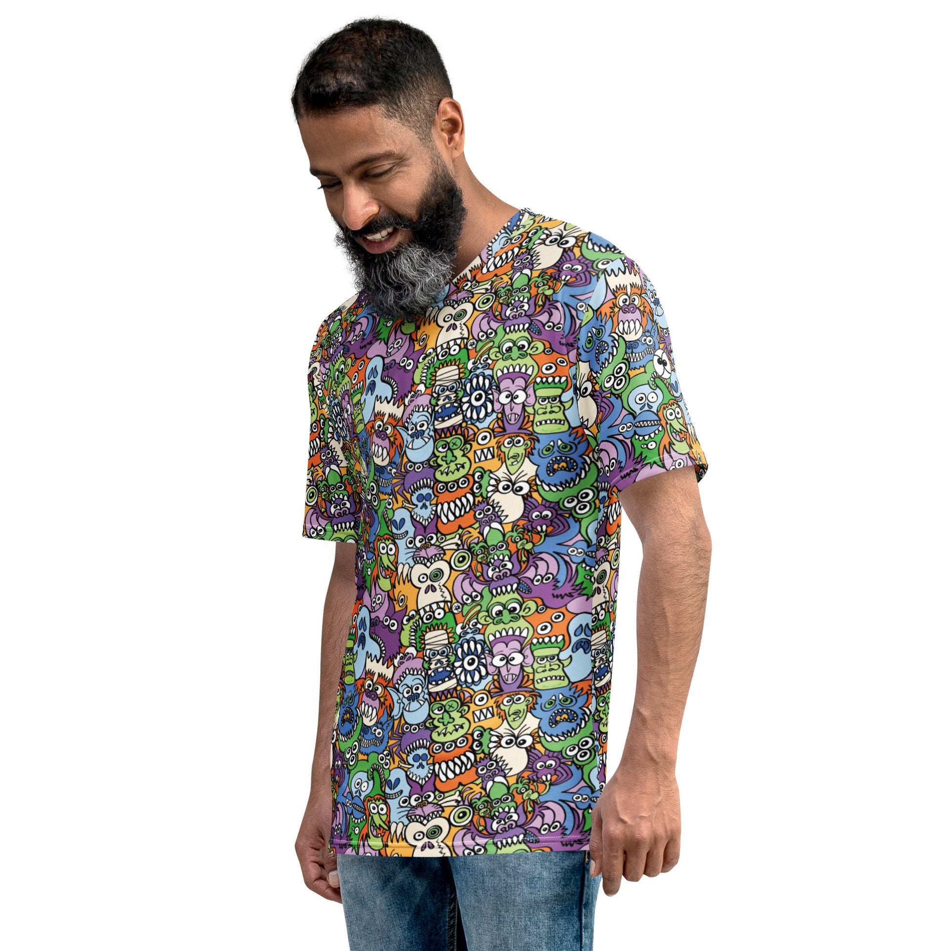 All the spooky Halloween monsters in a pattern design Men's t-shirt. Side view