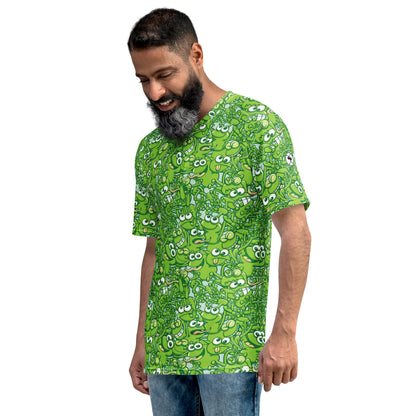 A tangled army of happy green frogs appears when the rain ends Men's t-shirt. Side view